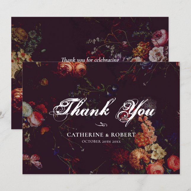 Dark Elegant Burgundy Moody Floral Dankeskarte (Vorne/Hinten)