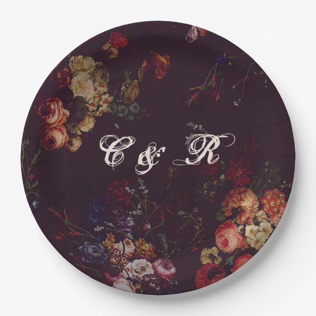 Dark Elegant Burgundy Moody Floral Name Intitials Pappteller (Vorderseite)