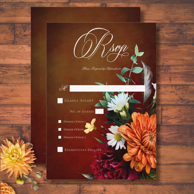 Dark Elegant Summer Sunset Floral Wedding Dinner RSVP Karte (Dark Elegant Summer Sunset Floral Wedding Dinner RSVP Card)