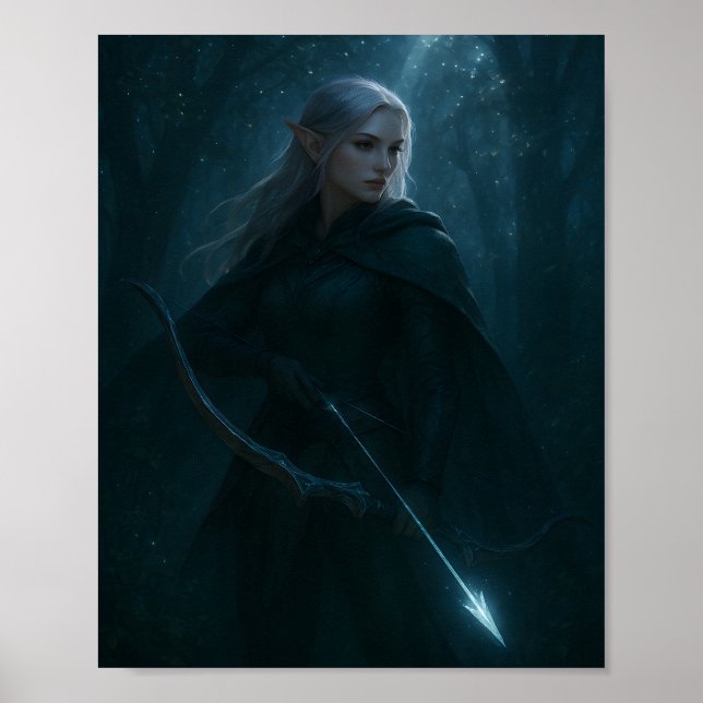 Dark Elf Archer Fantasy Art – Mystical Forest  Poster (Vorne)