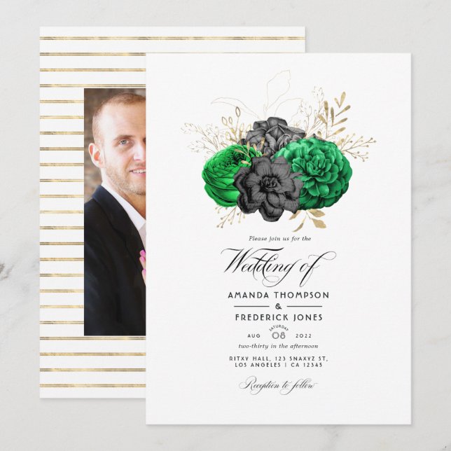 Dark Emerald and Gold Floral Wedding Foto Einladung (Vorne/Hinten)
