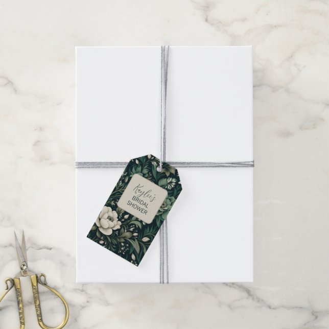 Dark Emerald Green Floral Geschenkanhänger (Mit Garn)