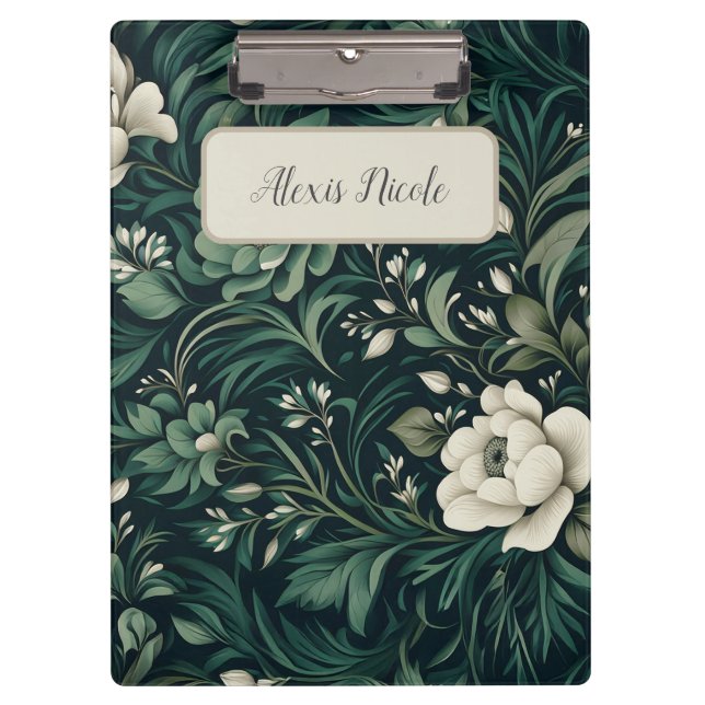 Dark Emerald Green Floral Klemmbrett (Vorderseite)