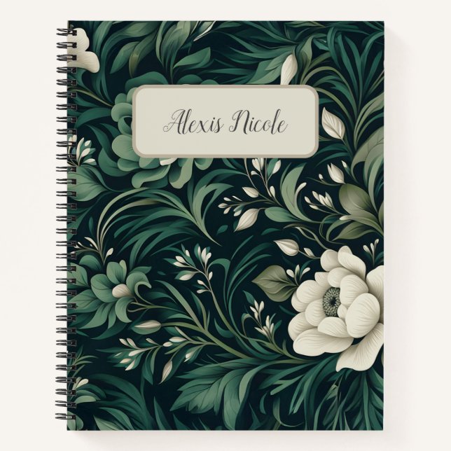 Dark Emerald Green Floral Notizbuch (Vorderseite)