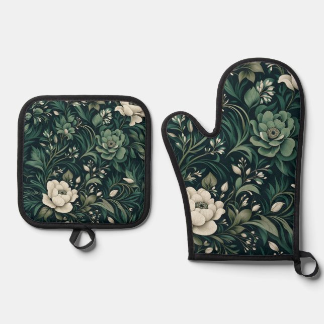 Dark Emerald Green Floral Ofenhandschuh & Topflappen-Set (Vorderseite)