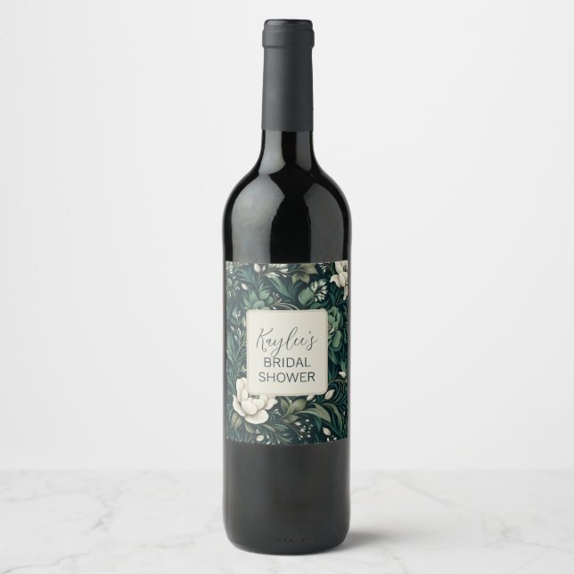 Dark Emerald Green Floral Weinetikett (Vorderseite)