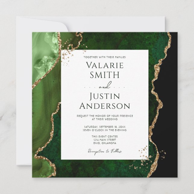 Dark Emerald Green und Gold Agate Stone Wedding Einladung (Vorderseite)