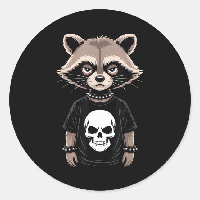 Dark Emo Raccoon With Skull Punk Style Alternative Runder Aufkleber (Vorderseite)