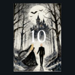 Dark Enchanted Gothic Spooky Wedding Couple Forest Tischnummer<br><div class="desc">Dark Enchanted Gothic Spooky Wedding Couple Forest and Haunted Castle Table Numbers. These table cards evoke a magical and mysterious atmosphere, where a wedding couple walks through an enchanted forest leading to a gothic castle. The design combines romantic charm with a spooky touch, perfect for Halloween-inspired weddings or gothic-style celebrations....</div>