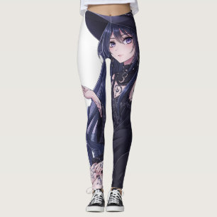 Dark Fantasy Anime Girl & Gothic Black Cat Art Leggings