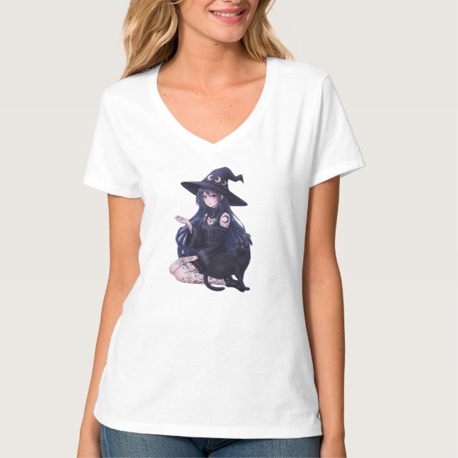 Dark Fantasy Anime Girl & Gothic Black Cat Art T-Shirt (Vorderseite)