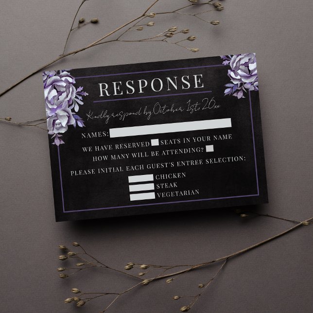 Dark Floral Black Gothic Lila Halloween Hochzeit RSVP Karte (Von Creator hochgeladen)