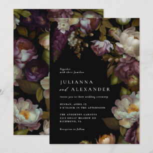 Dark Floral   Elegante Moody Modern Black Wedding Einladung