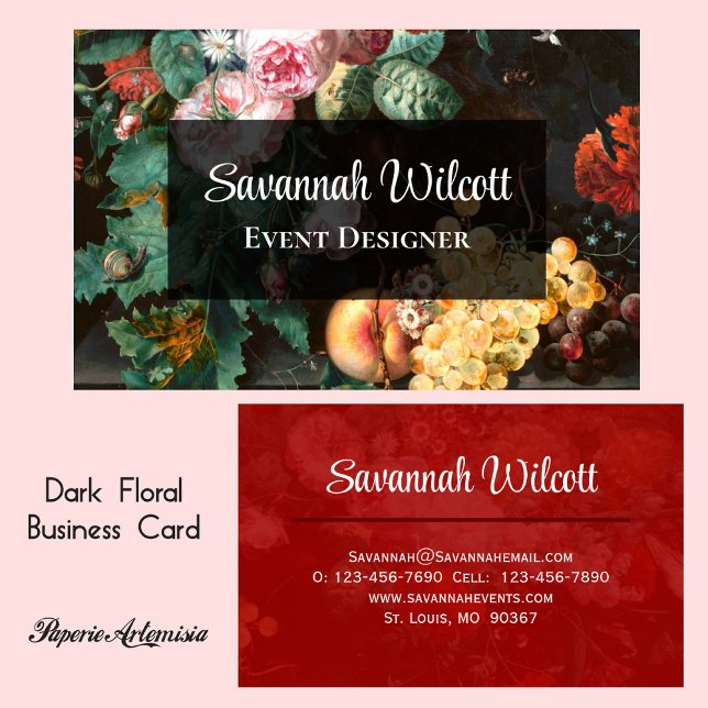 Dark Floral & Fruit Business Card Design Visitenkarte (Von Creator hochgeladen)