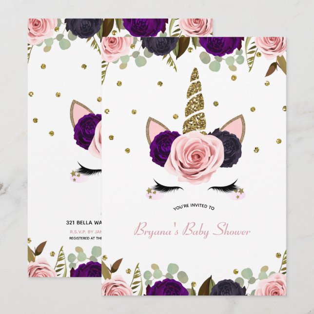 Dark Floral Glam Gold Glitzer Unicorn Kinderdusche Einladung (Vorne/Hinten)