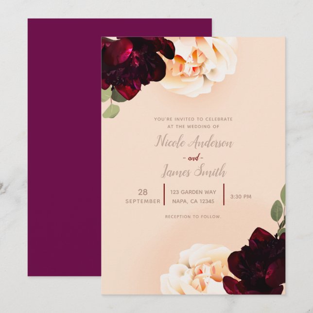 Dark Floral Marsala Peach Elegante Chic Wedding Einladung (Vorne/Hinten)