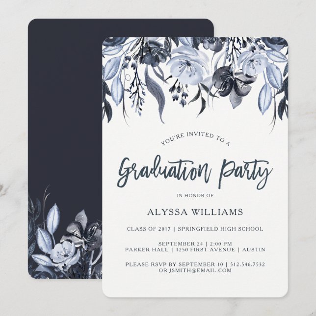 Dark Floral | Moderne Graduierungspartei für Wasse Einladung (Vorne/Hinten)