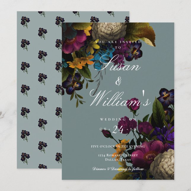 Dark Floral Moody Blue Aquamarin Wedding Einladung (Vorne/Hinten)