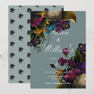 Dark Floral Moody Blue Aquamarin Wedding Einladung