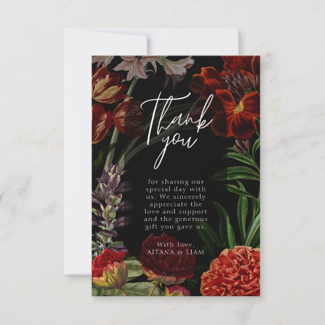 Dark Floral Moody Wedding Danke Karte (Vorderseite)