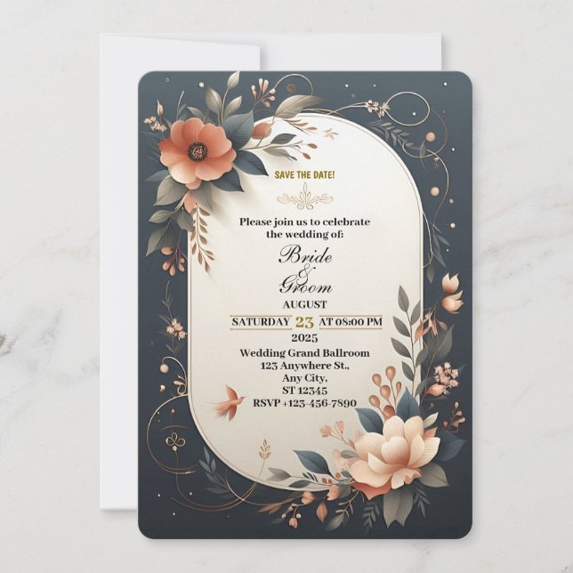 Dark Floral Navy und Peach Wedding Einladung (Vorderseite)