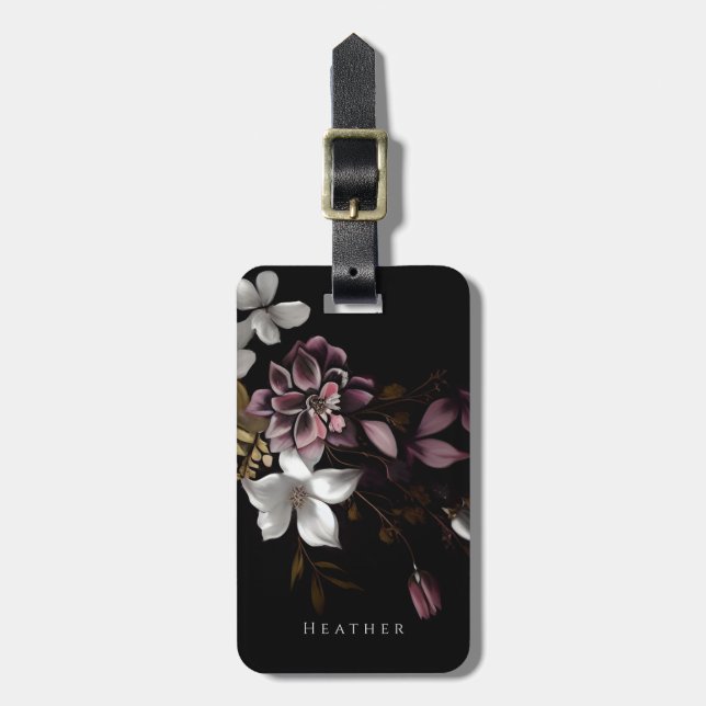 Dark Floral Personalisiert Name Gepäckanhänger (Vorderseite vertikal)