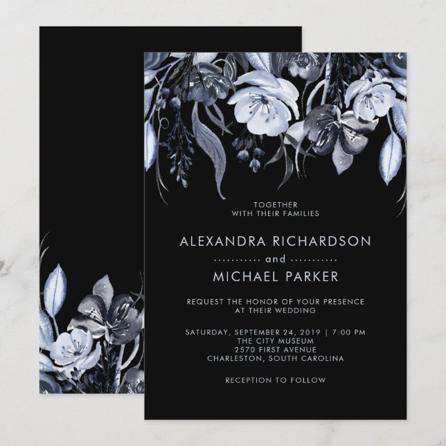 Dark Floral | Schwarze Wasserfarbenhochzeit Einladung (Vorne/Hinten)