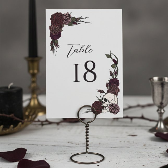 Dark Floral Skull Gothic Wedding Table Number Card Tischnummer (Gothic Wedding Table Number Cards for Halloween, Hallowedding Party. Botanical Dark Floral Skull )