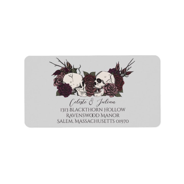 Dark Floral Skull Gray Wedding Return Address Adressaufkleber (Vorne)