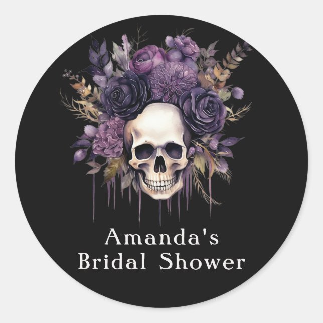 Dark Floral Skull Halloween Brautparty Gefallen Runder Aufkleber (Vorderseite)
