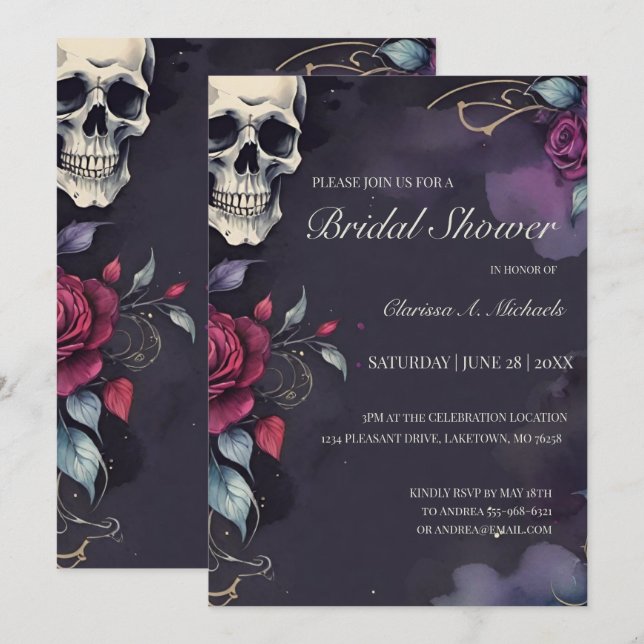 Dark Floral Skull & Rose Gothic Bridal Shower Einladung (Vorne/Hinten)