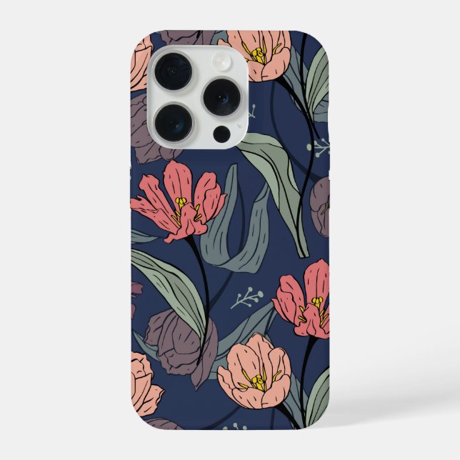 Dark Floral Tulip Pattern Phone Case iPhone 15 Pro Hülle (Rückseite)