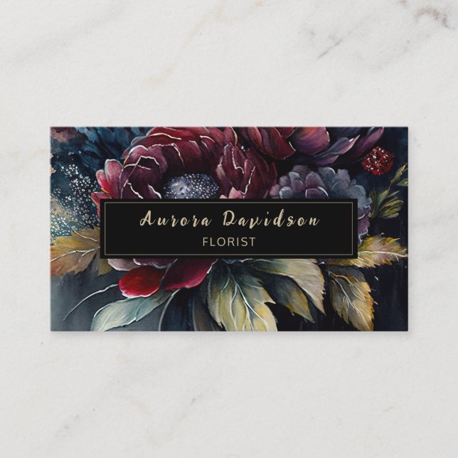 Dark Floral Watercolor Burgundy Black Visitenkarte (Vorderseite)