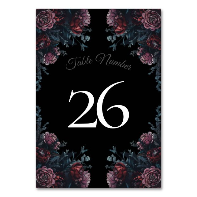 Dark Floral Wedding Gothic Black Elegant Tischnummer (Rückseite)