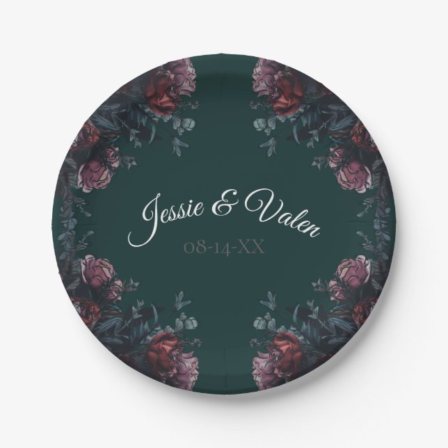 Dark Forest Green Elegant Wedding Maroon Mauve Pappteller (Vorderseite)