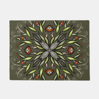 Dark Forest Green Goblincore Mushroom Eyes Trippy Fußmatte