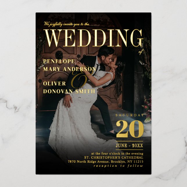 Dark Foto Editorial Magazine Elegante Wedding Gold Folieneinladung (Vorderseite)
