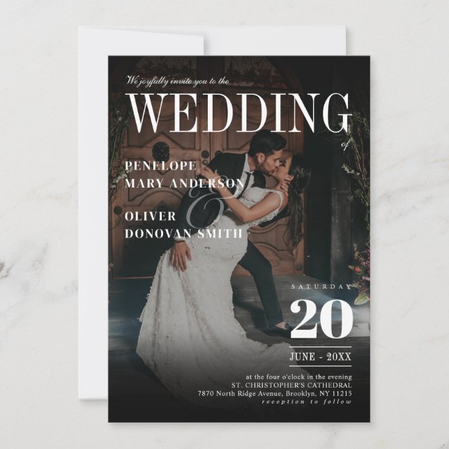 Dark Foto Magazine News Paper Elegante Wedding Einladung (Vorderseite)