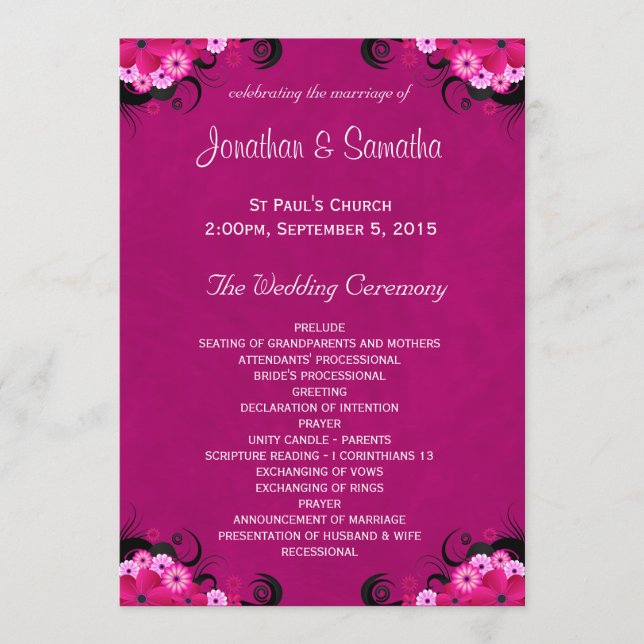 Dark Fuchsia Floral Flat Wedding Programme Modèle (Devant)