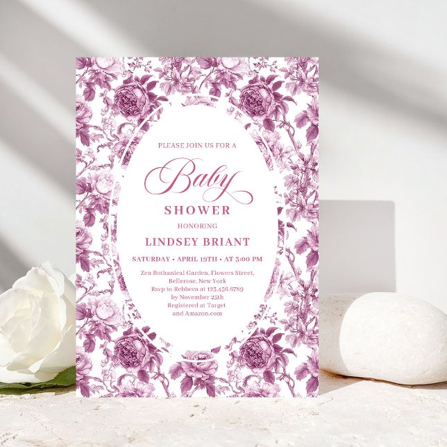 Dark Fuchsia Rose Pattern Toile Baby Shower Invite Einladung (Dark Fuchsia Rose Pattern Toile Baby Shower Invitation)