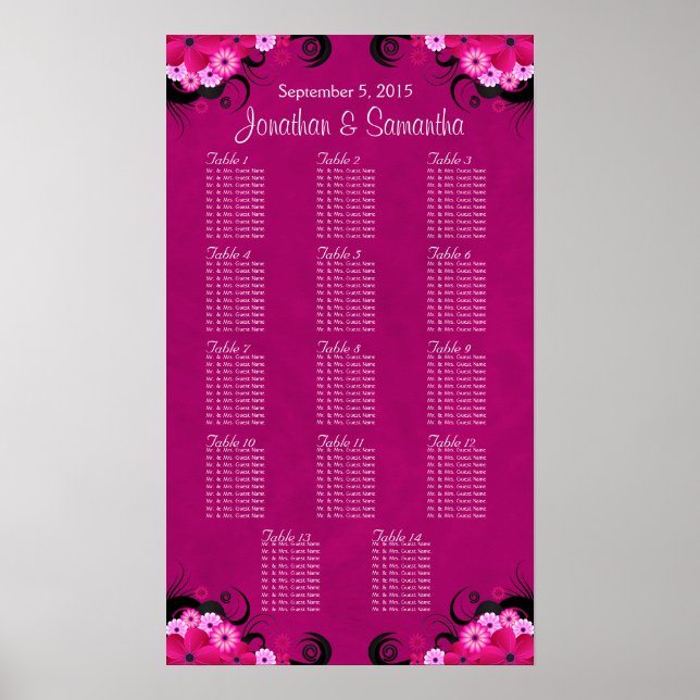 Dark Fuschia Floral 14 Hochzeitstisch Seetabelle Poster (Vorne)