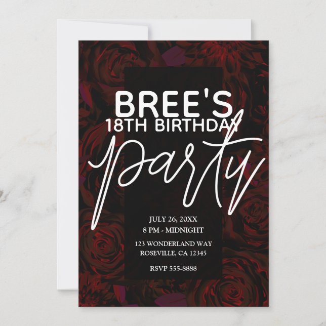 Dark Garden Red Romantic Blume Glam Birthday Einladung (Vorderseite)