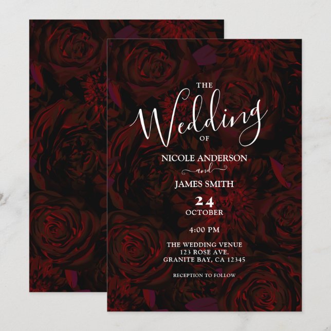 Dark Garden Rote romantische Blume Glam Wedding Einladung (Vorne/Hinten)