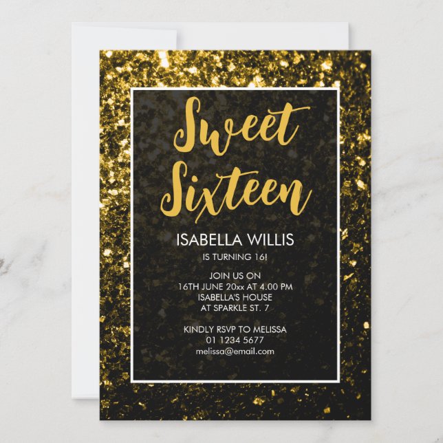 Dark Gold Glitzer Glitzern Sweet 16 elegante Drehb Einladung (Vorderseite)