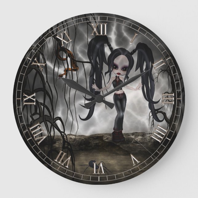Dark Goth Girl Vignette Wall Clock Große Wanduhr (Vorderseite)