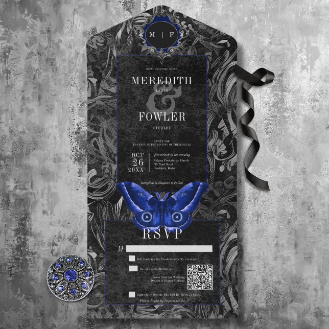 Dark Gothic Black & Blue Filigree Moth QR Code All In One Einladung (Dark Gothic Black & Blue Filigree Moth All In One Wedding Invitation with QR Code)