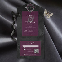Dark Gothic Black & Burgundy Floral Satin QR Code