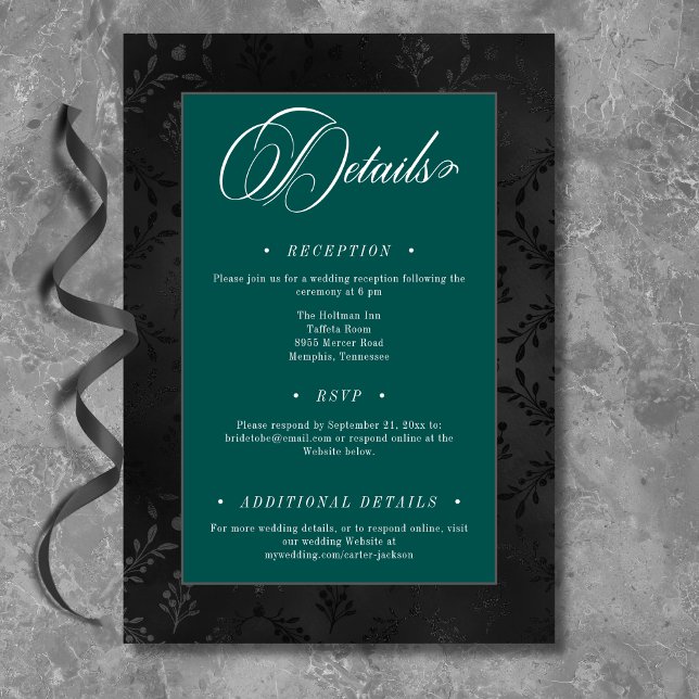 Dark Gothic Black Floral Satin Damask Aquamarine H Begleitkarte (Von Creator hochgeladen)