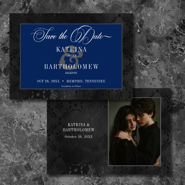 Dark Gothic Black Floral Satin Damask Blue Foto Save The Date (Von Creator hochgeladen)