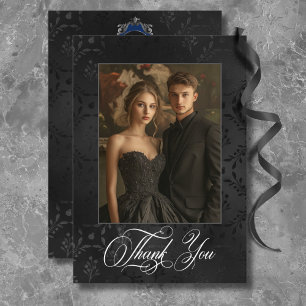 Dark Gothic Black Floral Satin Damask Blue Wedding Dankeskarte
